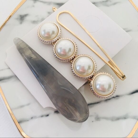 Set of 3 Pearl Gray Marble Gold Hair Pin Barrettes NWT - Picture 4 of 7